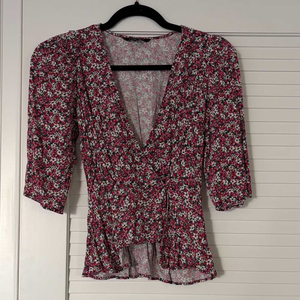 Banana Republic Pink and White Floral V-Neck Wrap Blouse